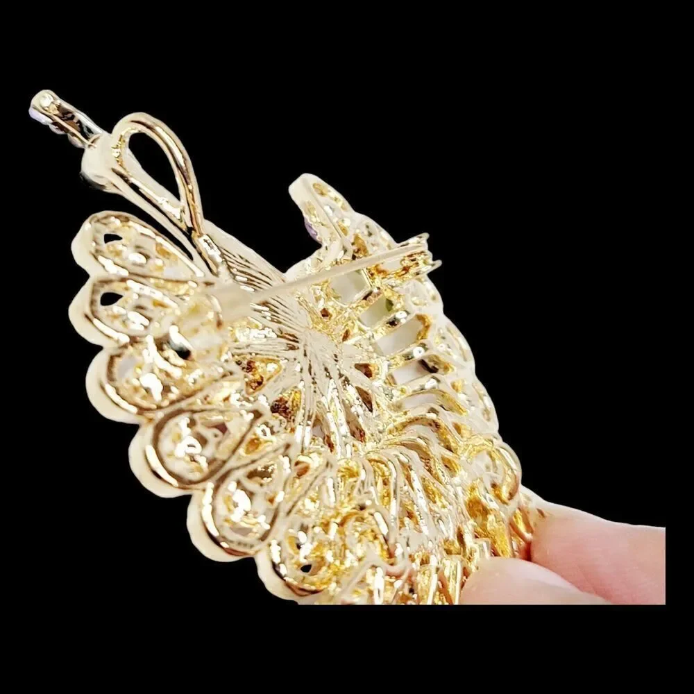 Beautifull Large Gold‎ Peacock With Multi-Colored Rhinestones Brooch Pin Pendant